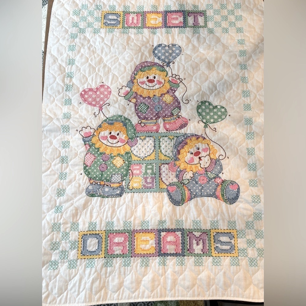 Vintage Clown Cross Stitched Baby Quilt. Blanket| Sweet Dreams |Pastel 39.5x28.5